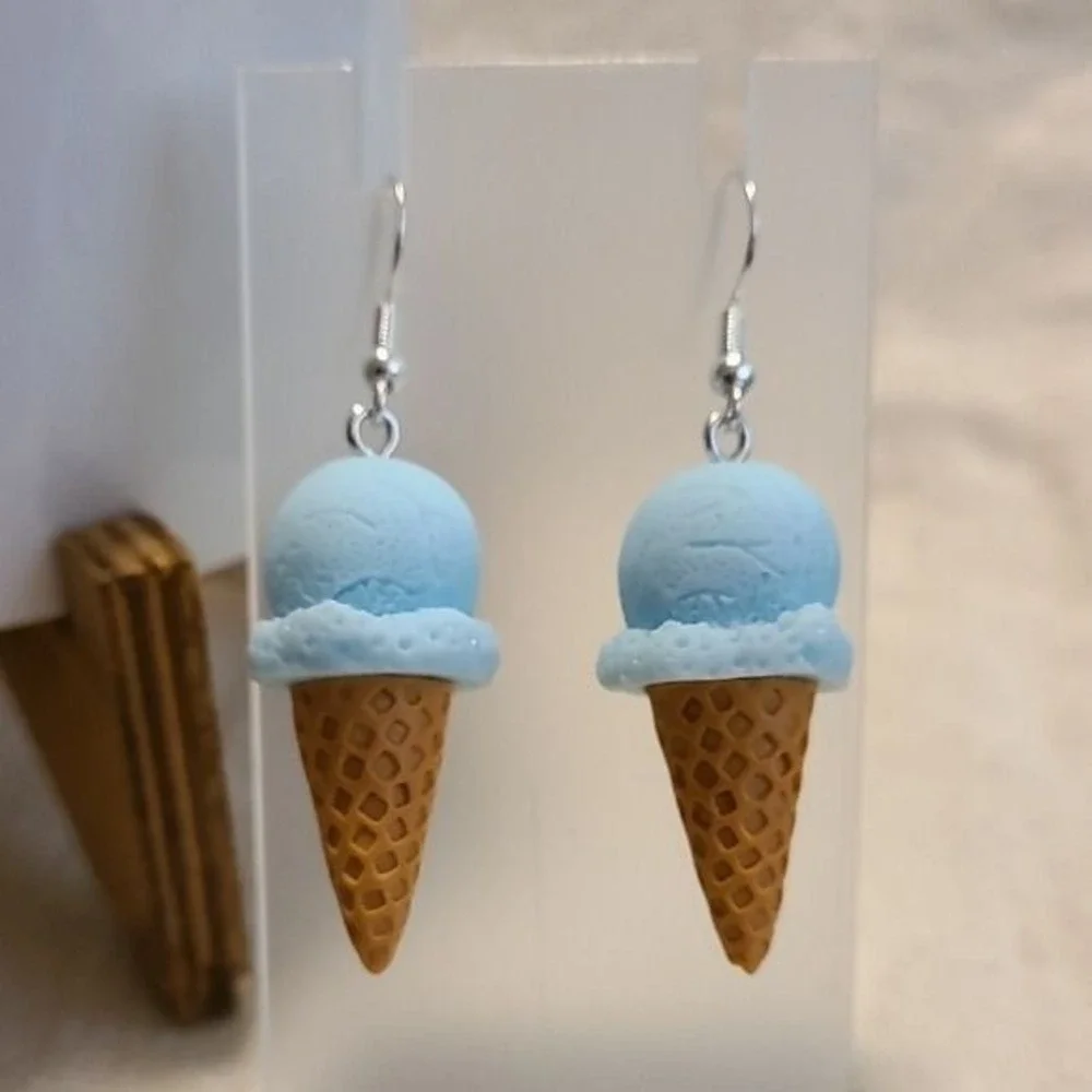 Blue Ice‎ Cream Cone Dangle Earrings Summer Foodie Novelty Jewelry 2